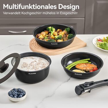 Набір каструль та сковорідок 9-ти частинний з антипригарним покриттям, кераміка, для всіх типів плит, сумісний з духовкою (темно-сірий)