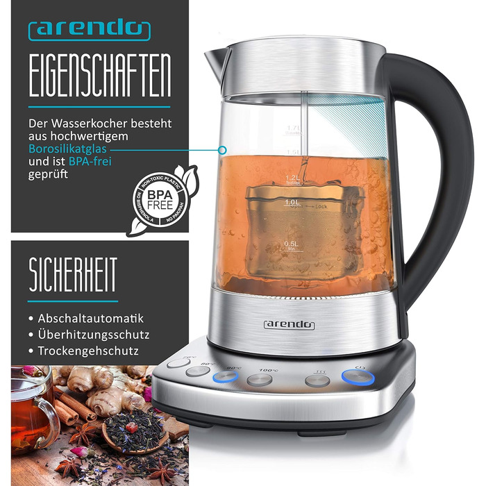 Arendo - Glass Water Kettle with Temperature Setting and Tea Strainer - Electric Kettle in Stainless Steel - Temperatures 70, 80, 90, 100 Degrees - 1.7 Liter - 2400 Watt - Keep Warm Function - BPA Free