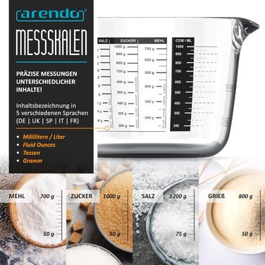 Arendo - Borosilicate Glass Measuring Cup Set - Sizes 1000ml, 500ml, 250ml (1l, 0.5l, 0.250l) – Glass Measuring Jug, Pitcher – Precise Scale – Heat Resistant – Microwave Safe – Kitchen Measuring Cup