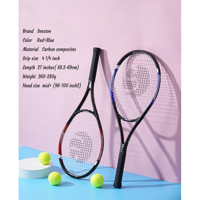 Senston Adult Tennis Racket Set - 2 Rackets, 3 Balls, 2 Grips, Vibration Dampeners (Red & Blue)