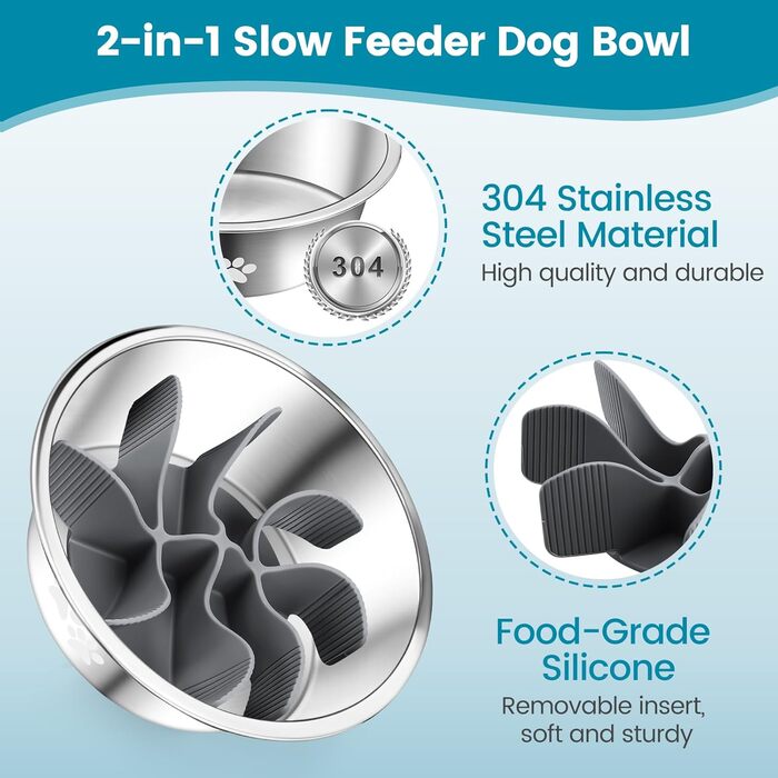 PETTOM Набір з 2 мисок для собак з нержавіючої сталі з антизаковтуванням, 2-в-1, об'єм 1560 мл, з антиковзним силіконовим дном, Ø21 см. Підходить для великих та середніх собак
