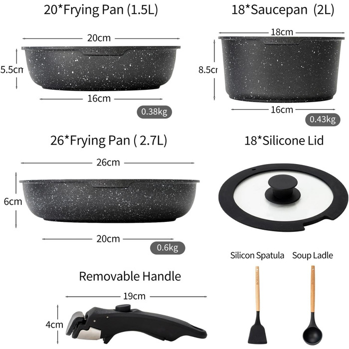 Набір посуду BOREINE 14 предметів: каструлі та сковороди з антипригарним гранітним покриттям (PFOA-free), знімні ручки, для всіх типів плит (індукція, склокераміка, газ, духовка), коричневий