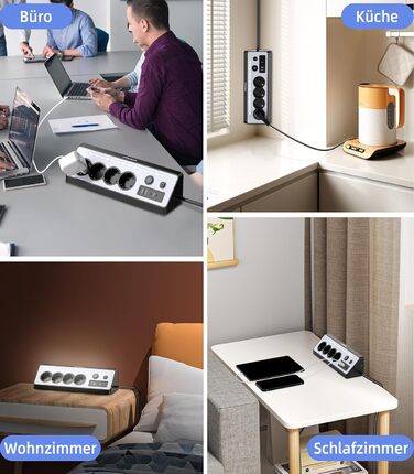 Мережевий адаптер з USB та 2 Type-C, 4 розетки, 16A, 3680W, з вимикачами, захист від перенапруги, LED, для кухні/офісу, білий/чорний