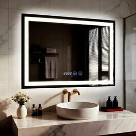 Дзеркало для ванної кімнати YU YUSING 60x80 см з підсвічуванням, проти запотівання, 3 кольори світла, регулювання яскравості, LED, годинник, IP44, металевий каркас, вертикальне, срібне