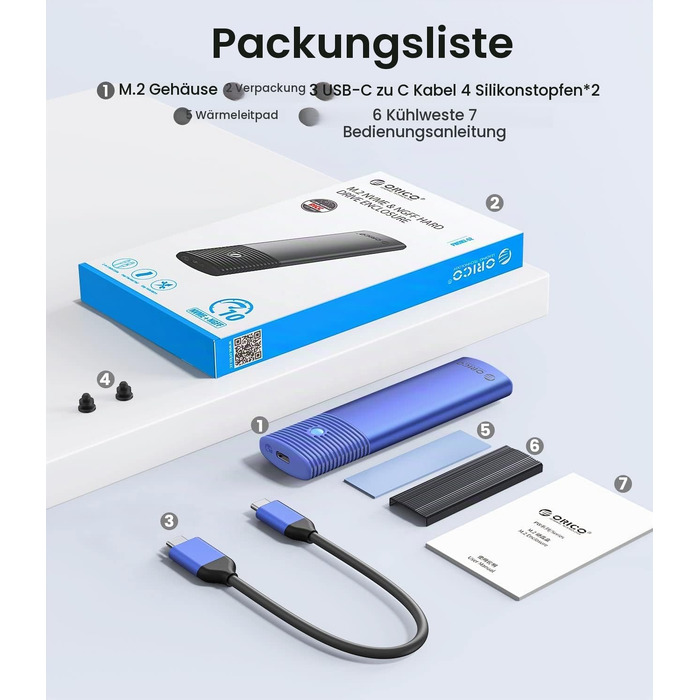 Зовнішній корпус-адаптер ORICO M.2 NVMe та SATA SSD (USB 3.2 Gen 2, 10Gbps), алюмінієвий кейс для SSD 2230/2242/2260/2280, B+M Key, UASP, Trim, без інструментів — PWDM2-BK (Синій)