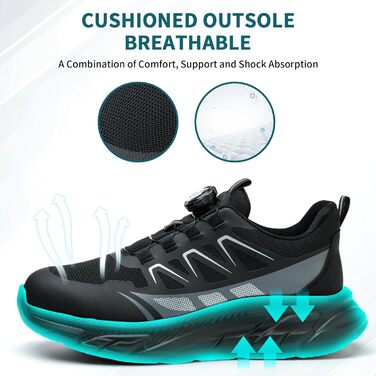 Черевики безпеки для роботи: чоловічі та жіночі, зручні, з металевим носком, легкі, дихаючі, для промисловості, з поворотними пряжками та шнурівками, 42 EU, чорні