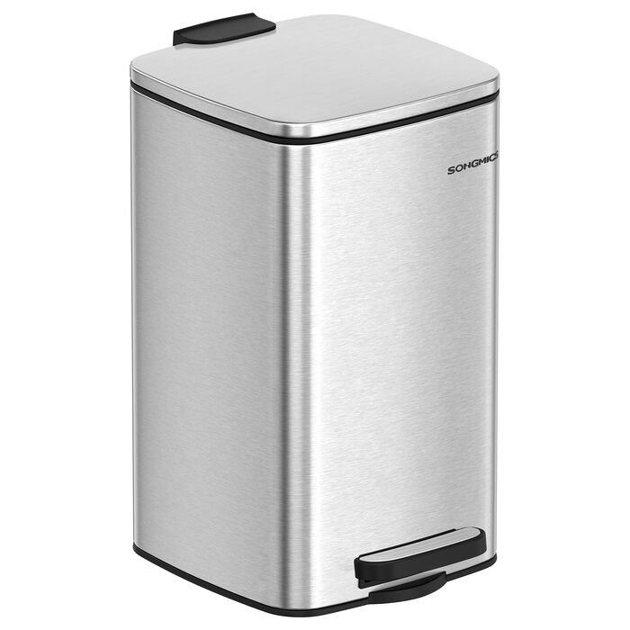 Смітник для ванної кімнати SONGMICS PLUSHIC LTB590B0602, педальний відро з кришкою Softclose, сталевий, 8 л, сріблястий металік