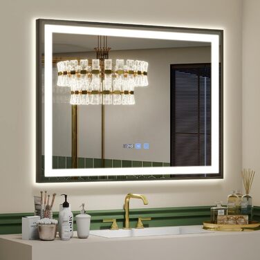 Дзеркало для ванної кімнати YU YUSING з підсвічуванням 60x80 см, антизапар, 3 кольори світла, регулювання яскравості, LED-дзеркало з годинником, IP44, вертикальне, срібло (чорний металевий каркас, 70x50 см)