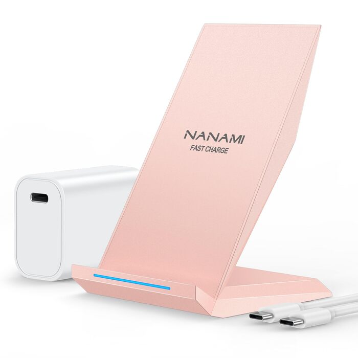 Бездротовий зарядний пристрій NANAMI Qi з адаптером USB-C 20W PD, сумісний з iPhone 17/16/15/14/13/12 Pro Max XR 8 та Samsung Galaxy S25/S24/S23/S22 (рожевий)