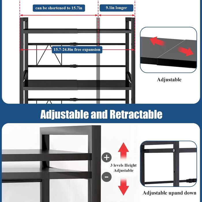 Регульована полиця для мікрохвильової печі, 3-рівнева розширювана стійка, органайзер для кухні з 6 гачками, з вуглецевої сталі, чорний