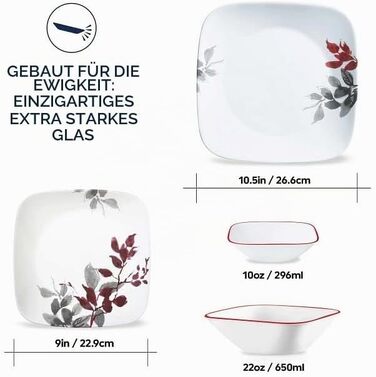 Сервіз Corelle Kyoto Leaves на 4 особи, 16 предметів: набір посуду (8 тарілок, мисок), білий, ударостійкий та стійкий до сколів