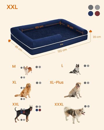 Feandrea Orthopedic Dog Bed, Dog Cushion, Dog Basket, Soft Padding, Dog Sofa, Raised Edges, Removable and Washable Cover, 91 x 71 x 20 cm, Non-Slip Bottom, PGW076G01 (L 120 x W 85 x H 20 cm, Anthracite Blue)