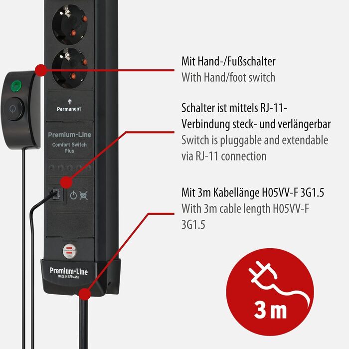 Мережевий фільтр Brennenstuhl Premium-Line Comfort Switch Plus, подовжувач на 6 розеток, кабель 3м, білий