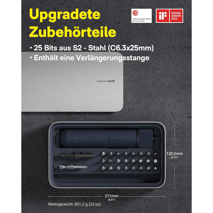 Акумуляторний шуруповерт HOTO з магнітом та 25 бітами, LED-підсвічуванням, 3 рівнями крутного моменту (1.5/3/4 Н.м), акумулятор 1500 мАг, зарядка USB-C, для ремонту меблів та електроприладів