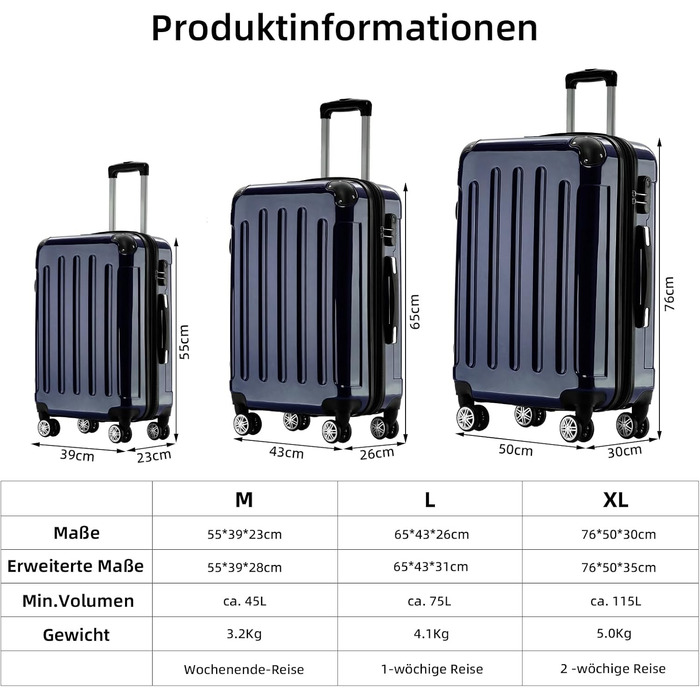 Набір валіз Beibye Zwillingsrollen: Trolley, валіза, сумка, багаж (L, XL, зелений, темно-синій)