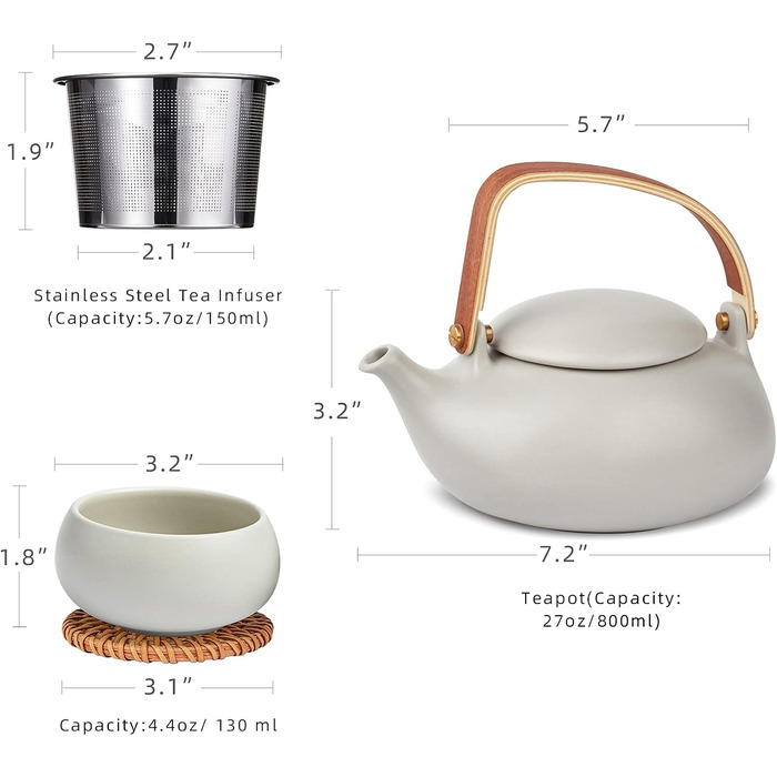 ZENS Modern Japanese Teapot, 800ml Matte White Ceramic Teapot with Infuser, Wooden Handle Small Japanese Teapot for Loose Leaf Tea, White Tea, Green Tea Steeper, Gift for Tea Lovers (10-grey Tea Service-4 Cups)