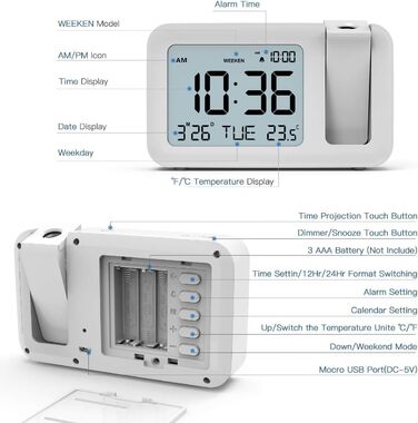 Projection Alarm Clock, TedGem Travel Alarm Clock Digital Clock Table Clock 3.8