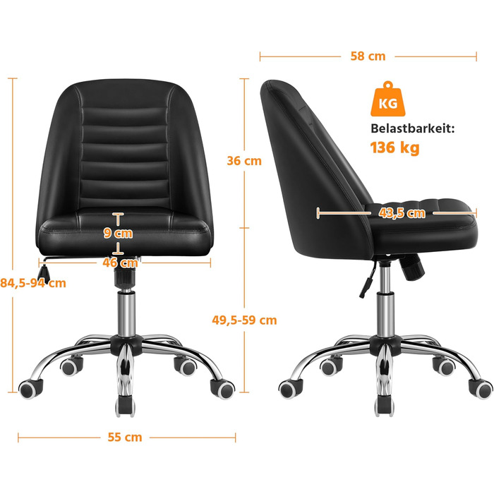 Офісне крісло Yaheetech без підлокітників, обертове, на роликах, регульоване по висоті, чорне, з штучної шкіри