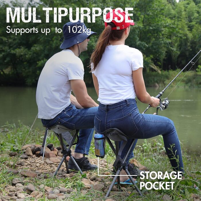 Складаний табурет EVER ADVANCED для кемпінгу, риболовлі та походів. Легкий, міцний (102 кг), з кишенею, чорно-сірий