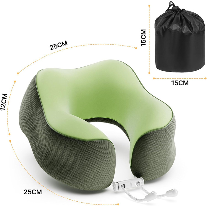 Подушка для шиї у подорожах, Memory Foam, ергономічна підтримка шиї | Подушка для шиї, подушка-ролик | Для подорожей, офісу, літака та дому, зелена