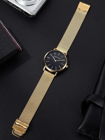 Жіночий годинник Hannah Martin: аналоговий кварц, водонепроникний, з нержавіючої сталі, ультратонкий, сітка-браслет (чорний корпус, золотий браслет)