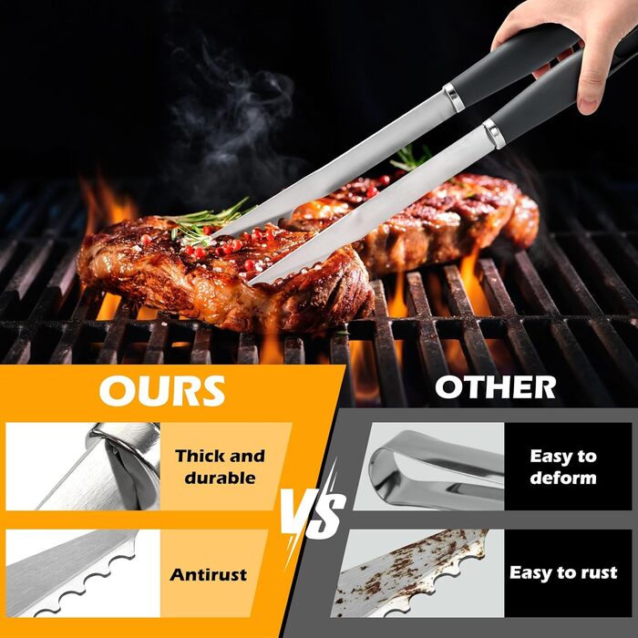 Набір аксесуарів для гриля Premium Grillzubehör Set 10-teilig Edelstahl Rostfrei - 10 предметів з нержавіючої сталі: шпатель, щипці, виделка, щітка для чищення. Для гриля, BBQ, кемпінгу, саду. Міцний набір для гриля.