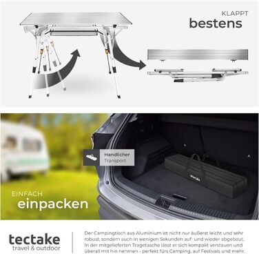Складаний туристичний стіл Tectake® з алюмінію, 90 x 52 см, срібний. Регульована висота, водостійкий, з сумкою