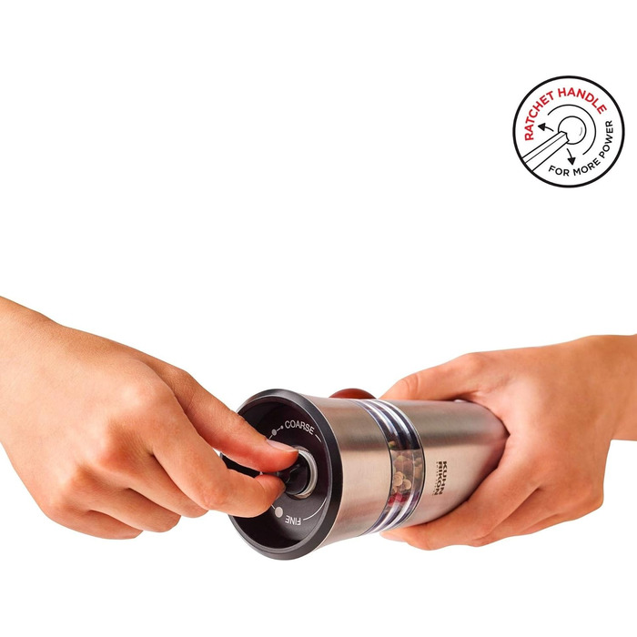 KUHN RIKON Salt and Pepper Mill made of Stainless Steel, Ratchet Spice Mill Manual, Silver, Adjustable Ceramic Grinder, Ergonomic Handle