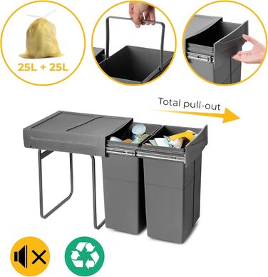 Відро для сміття на кухню Emuca з нижнім кріпленням, 2 висувні контейнери по 20 л, загальний об'єм 40 л (2 x 20 л), сталь та пластик, сірий (антрацитовий сірий).