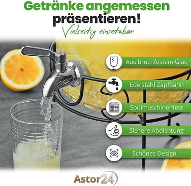 Glass Giraffe - Drink Dispenser with Stainless Steel Tap and Stand - 8 Liter - Water Dispenser - Carafe for Punch and Cocktails - Glass Lemonade Dispenser - Glass Vat