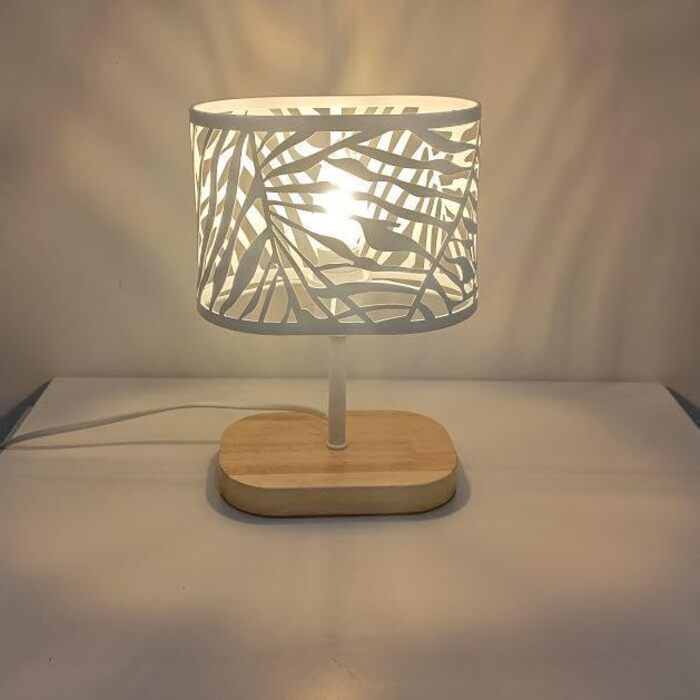 Настільна лампа з дерева, вінтажна модель E14, настільна лампа з дерев'яним цоколем та металевим абажуром, для дитячої кімнати, вітальні, спальні, бару (біла)
