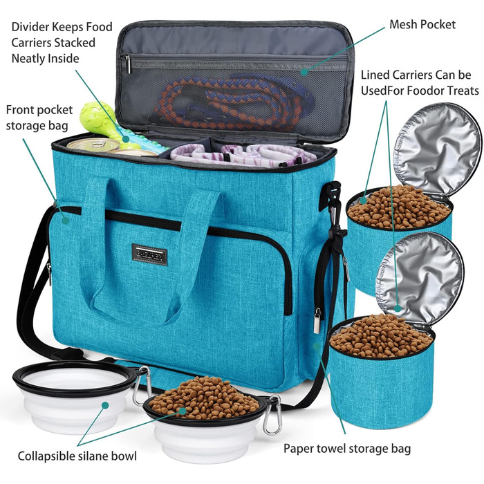 Сумка для собак Baglher, переноска для тварин, подорожі з домашніми тваринами, 2 контейнери для корму та 2 силіконові миски, блакитний колір (L, небесно-блакитний)