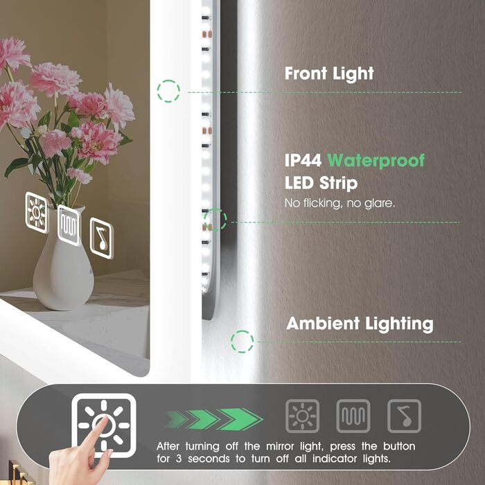 Дзеркало для ванної кімнати S'bagno з підсвічуванням 80x60 см, Bluetooth, протитуманне покриття, 3 кольори, регулювання яскравості, пам'ять налаштувань, загартоване скло, водонепроникність IP44, горизонтальне/вертикальне встановлення M66 (Bluetooth)