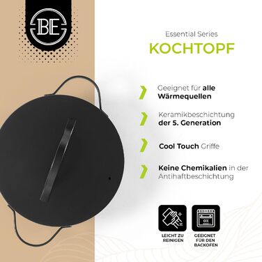 Каструля Be Living Essential з кришкою, 24 см, 4 л, антипригарне покриття Keramik Antihaft, для індукційних плит, без PTFE та PFOA, чорна