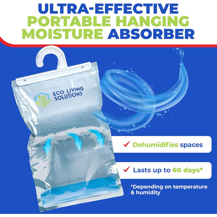Eco Living Solutions Moisture Absorber Packs, Unscented, Moisture Absorbers, Hanging Closet Air Dehumidifier Bags, Eliminates Odors for Fresher Air, Ideal for the Closet