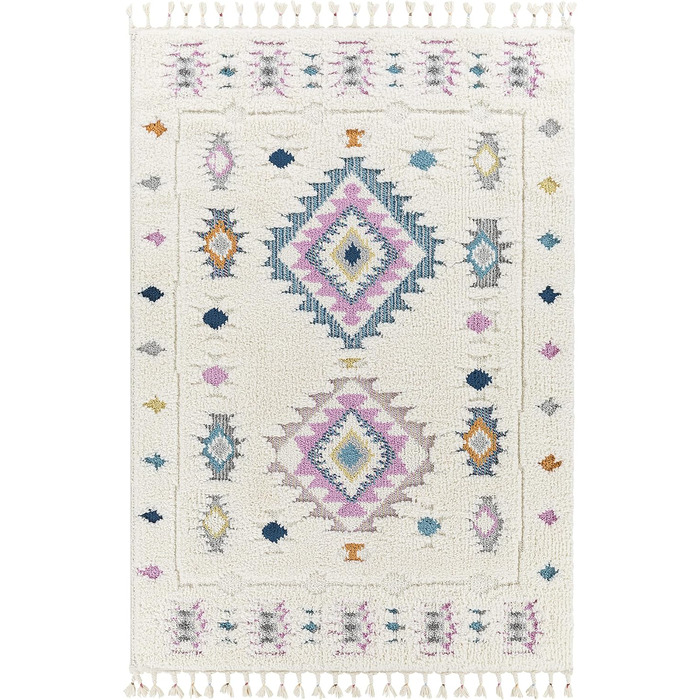 Surya Suva Rug Bedroom, Living Room, Dining Room, Hallway - Modern Boho Rug Geometric Pattern - Soft Scandinavian Living Room Rug Blue, Lavender, Orange, White - 160x213cm Large Lavender, Blue, Yellow