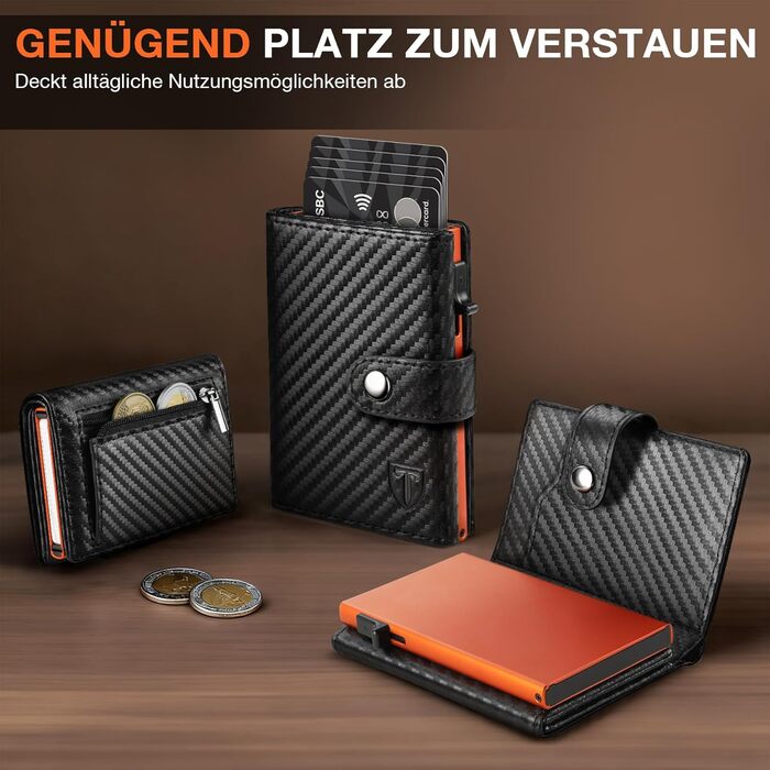 Чоловічий гаманець TENBST з RFID захистом, шкіряний Slim Wallet, картфутляр на 8-10 карт, подарунковий набір (Чорний/Помаранчевий)