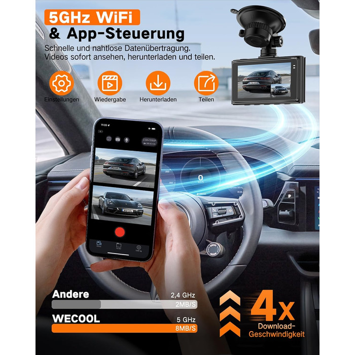 Автомобільний відеореєстратор Wecool 4K+2.5K (передній та задній), 2 канали, кут 170°+150°, 64GB SD-карта, 5GHz WiFi, нічна зйомка, G-сенсор, циклічний запис, цілодобовий моніторинг паркування