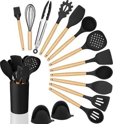Набір кухонних аксесуарів Homikit 15 предметів з чорного силікону та дерев'яними ручками. Кухонний аксесуар, стійкий до високих температур, легко миється. З підставкою для аксесуарів.