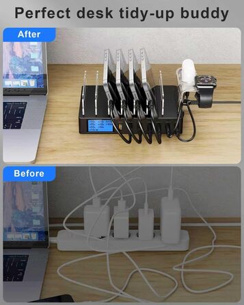 Зарядна станція 245W для декількох пристроїв, 7 портів USB, LCD-дисплей, кабель 7 шт. + тримач для iWatch, для iPhone, планшетів та іншої електроніки - чорна