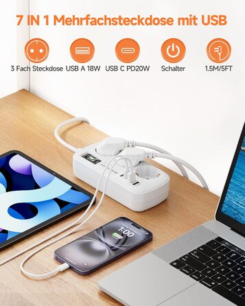 Многорозеткова станція з захистом від перенапруги, 3 розетки, 4 USB (2 USB-C), вимикач, кабель 1,5м, для дому/офісу, білий
