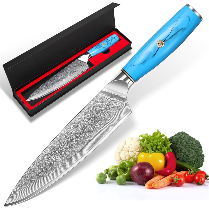 Ніж шеф-кухар Kiritsuke з дамаської сталі Home Safety, 18.8 см, VG-10, ергономічна ручка з натуральної смоли, подарункова коробка