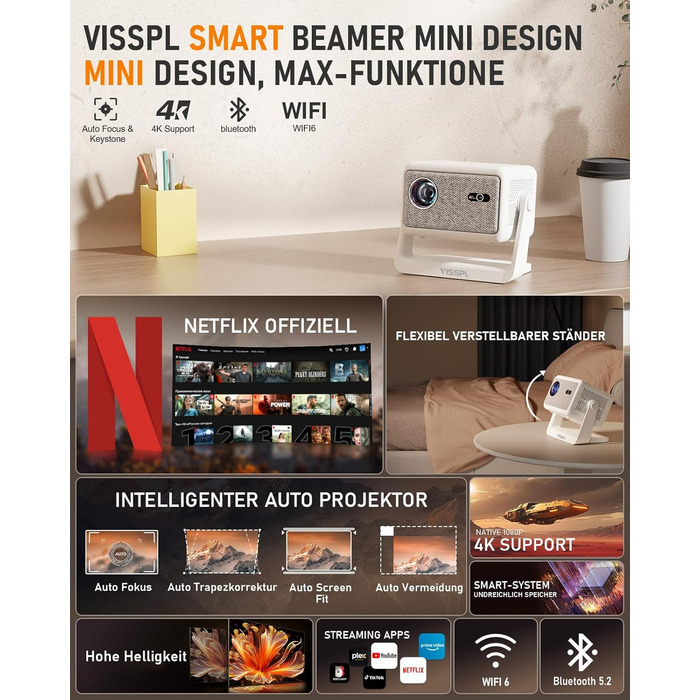Міні проєктор Smart Beamer A-27000L з Wi-Fi 6, Bluetooth, підтримкою 4K та Netflix, Full HD 1080P, автофокусом та корекцією трапеції 6D для домашнього кінотеатру та використання на вулиці