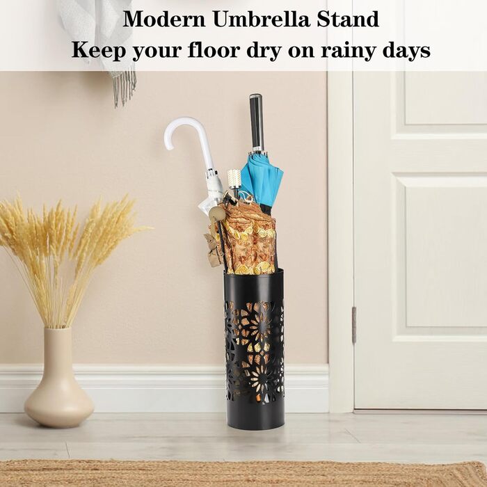 Metal Umbrella Stand with Water Tray - Round Entryway Organizer for Umbrellas, Walking Sticks & Canes