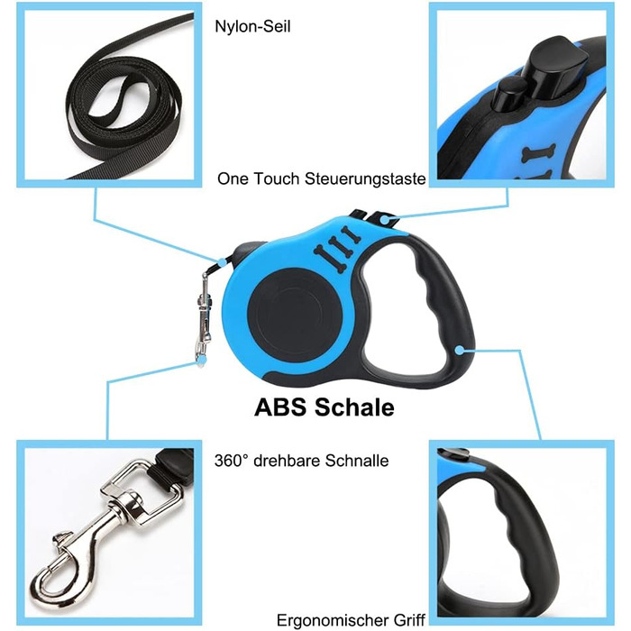 Висувна повідка для собак, 5 м, блакитна, для малих, середніх та великих собак