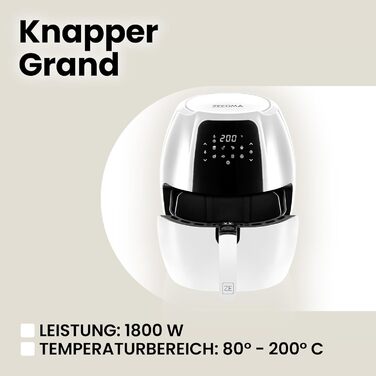 Фритюрниця без олії ZEEGMA KNAPPER GRAND 1700 Вт, 2 відсіки, 9 л, таймер 60 хв, 11 програм, 60-200°C, швидкий нагрів, сенсорне керування, білий колір