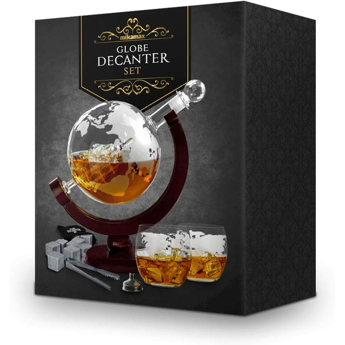 MikaMax - Globus Decanter Set - Whiskey Decanter - with two glasses - Whiskey set - Funnel included - Handcrafted - Transparent - 850 ML - Airtight closure - Men's gift