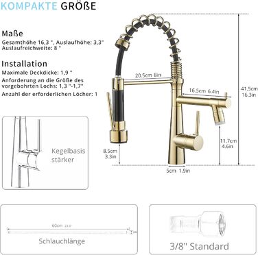 Змішувач кухонний LED Chrome з висувною лійкою, 360° поворот, 2 виходи, високий тиск (золотий)