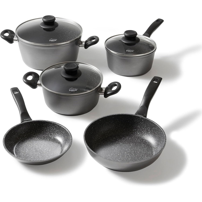 STONELINE Cookware Set Induction, 8-piece cookware set with lids, saucepan set coated with real stone particles, aluminum cast cookware and frying pans suitable for all types of cooktops