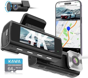 Відеореєстратор KAWA 4K Dual з GPS, WiFi, IPS екраном та 64GB SD-картою